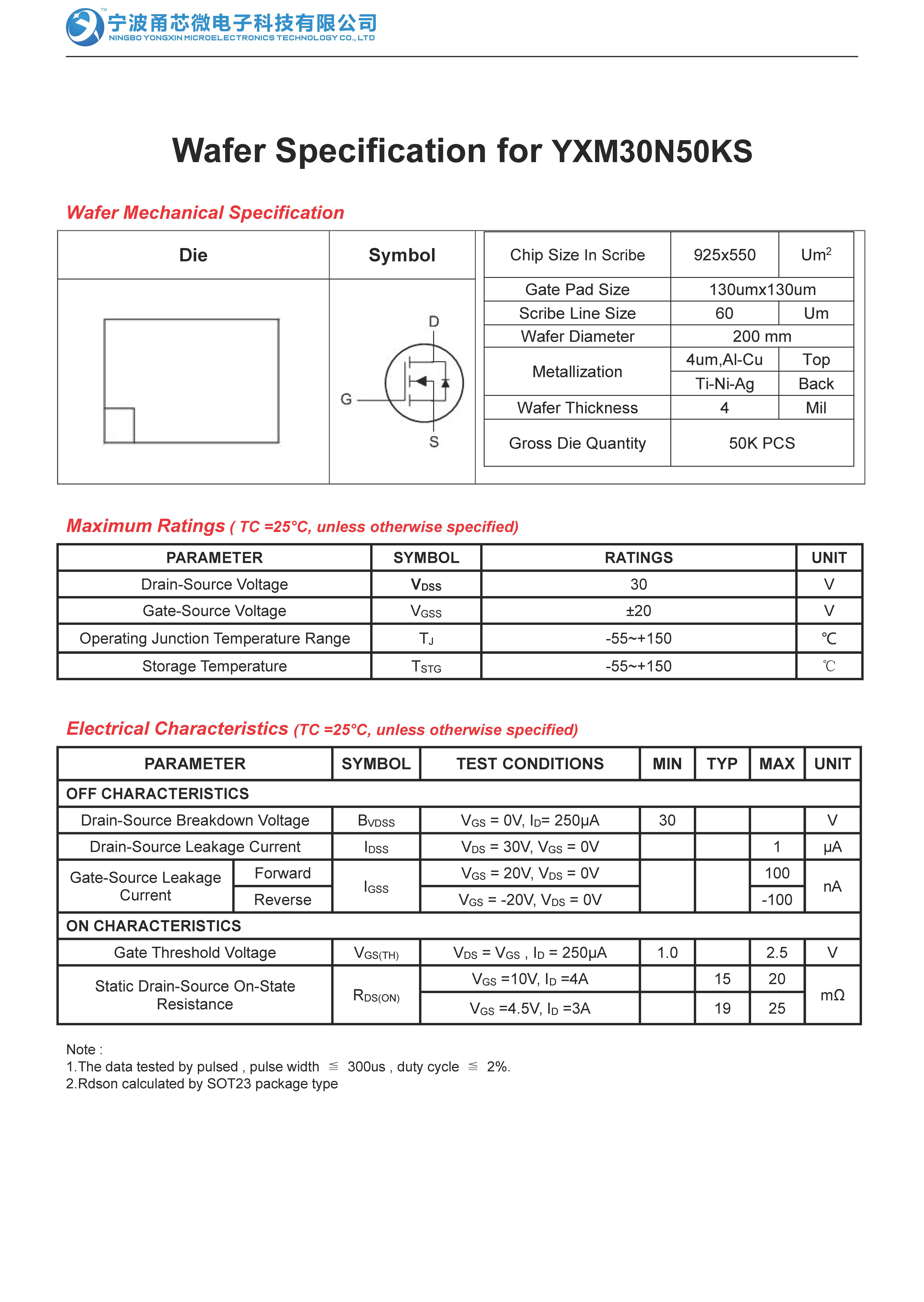 Wafer Specification for YXM30N50KL